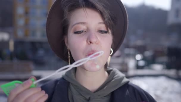 Front View Portrait Relaxed Beautiful Woman Blowing Soap Bubbles Slow — Stock Video