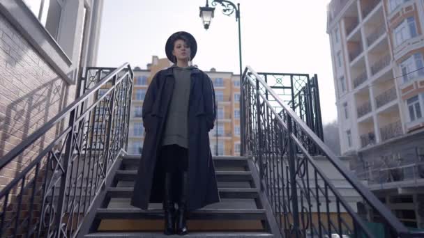 Front View Portrait Depressed Frustrated Beautiful Woman Standing Stairs City — Stok video