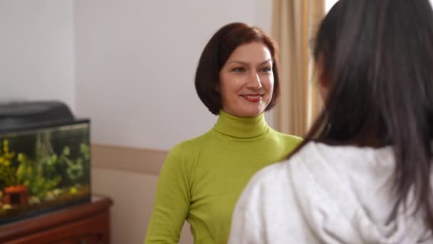 Portrait Smiling Expert Psychotherapist Hugging Unrecognizable Patient Looking Camera Positive — Stock Video