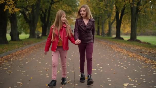 Šťastné Dívky Které Podzimním Parku Procházejí Uličce Povídají Široký Záběr — Stock video