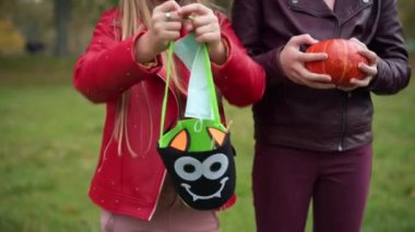 Tanımlanamayan genç kızlar dışarıda ürkütücü sepet ve Cadılar Bayramı balkabağı sallıyor. Kafkasyalı arkadaşlar sonbahar parkındaki çayırda durup Azizler Günü 'nün tadını çıkarıyorlar.