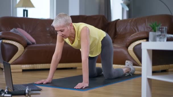 中年健康女子缓慢运动时训练蛇的柔韧姿势 在家里客厅里广泛拍摄到自信的白种人瑜伽 健康生活方式和瑜伽概念 — 图库视频影像