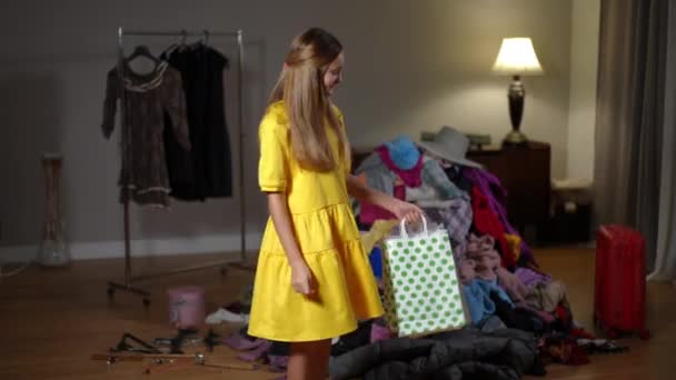 Charming Teen Girl Shopping Bags Posing Living Room Heap Garment — Stock Video