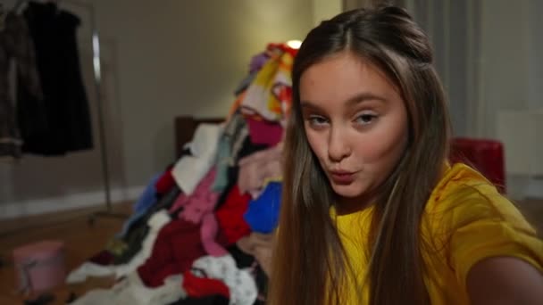 Selfie Pov Cute Teen Girl Filming Video Blog Gesturing Peace