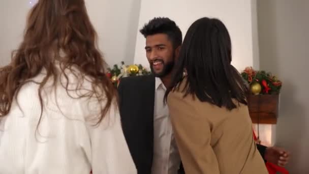 Happy Middle Eastern Man Looking Camera Smiling Hugging Caucasian Asian — Stock Video