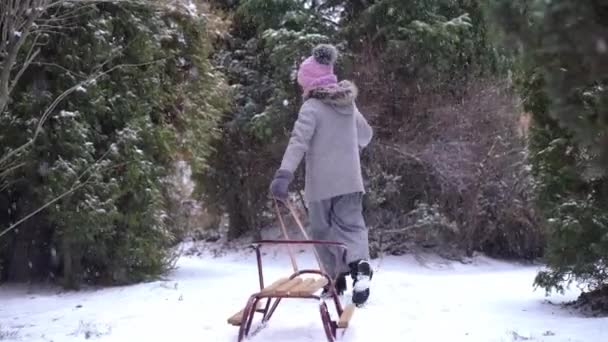 Vrolijk Zorgeloos Tienermeisje Met Houten Slee Die Achtertuin Loopt Besneeuwde — Stockvideo