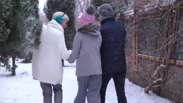 Tracking Shot Happy Caucasian Family Holding Hands Walking Snowy Backyard — Vídeos de Stock