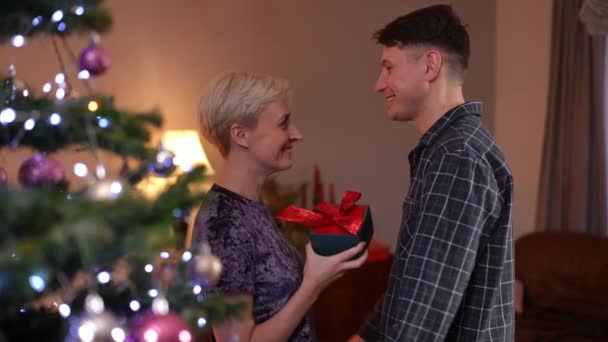 Liebevolle Männer Und Frauen Umarmen Sich Silvesterbaum Heimischen Wohnzimmer Dankbare — Stockvideo