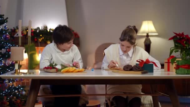 Rahatlamış Genç Kız Erkek Evde Geleneksel Noel Tatlısı Hazırlıyorlar Canlı — Stok video