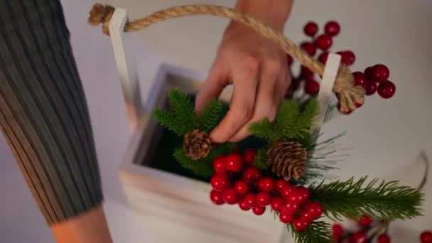 Nahaufnahme Weihnachtskorb Mit Weiblicher Hand Der Grüne Tannenzweige Und Rote — Stockvideo