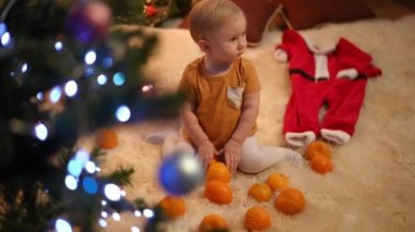 Evde Noel ağacında oturup meyvelerle oynayan mandalinalı sevimli bir bebek. Yeni yıl arifesinde Beyaz tenli şirin küçük bir kızın geniş açılı görüntüsü. Çocukluk ve tatil sezonu