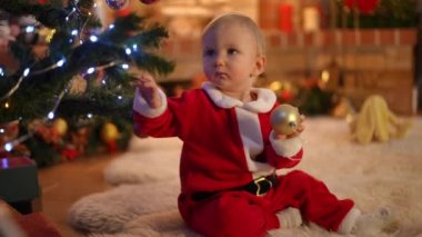 Geniş açılı, sevimli bir kız bebek Noel ağacında oturmuş oyuncakla başka tarafa bakıyor ve kahkahalarla gülüyor. Kafkas bebek portresi. Tatil arifesinde evde, oturma odasında eğleniyor.
