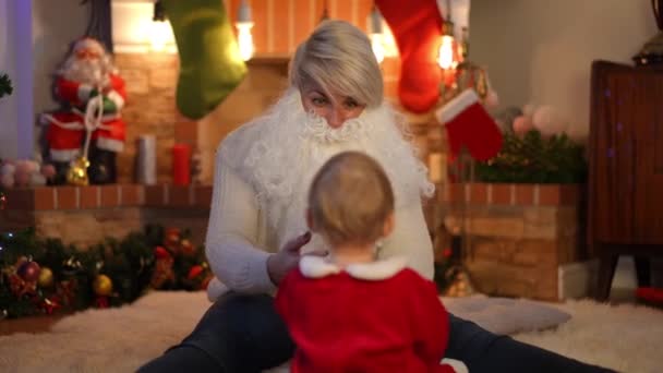 Portrait Young Caucasian Woman Santa Beard Playing Toddler Girl Red — Stock Video