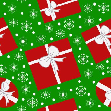 Kusursuz bir Noel modeli. Kırmızı Noel hediyeleri ve yeşil arka planda kar taneleri. Paket kağıdı, el işi kağıdı..