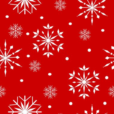 Kar tanesi vektör deseni. Kırmızı, pürüzsüz kar tanesi deseni. Kar unsurlarıyla birlikte bayram afişi. Dondurucu soğuk semboller. El işi kağıdı. Noel ambalaj kağıdı. Web sitesi için arkaplan.