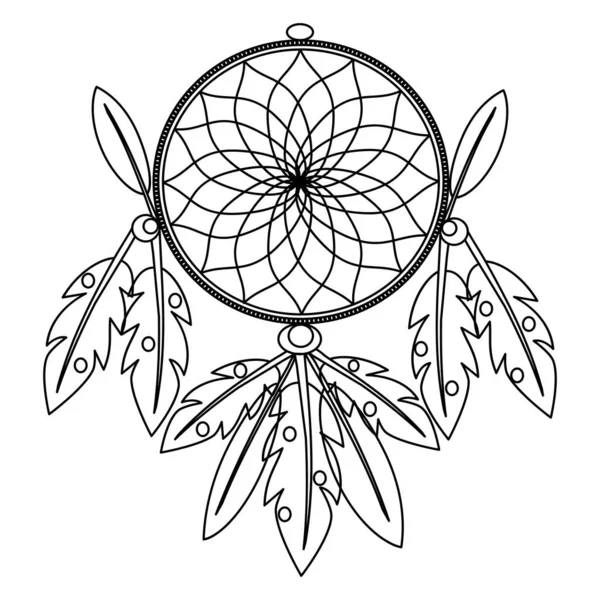 Symbol of Indians of America. Dream catcher with ornate bird feathers, black line vector illustration isolated on white background. Vintage ethnic dreamcatcher boho fashion element.
