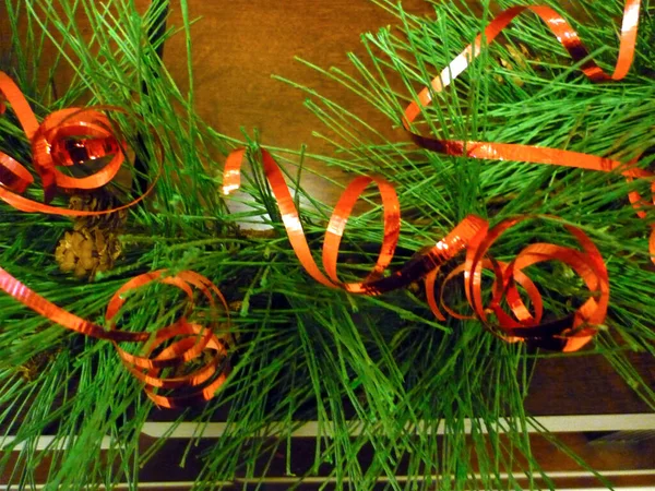 Christmas Decoration Pine Boughs Red Ribbon — Fotografia de Stock