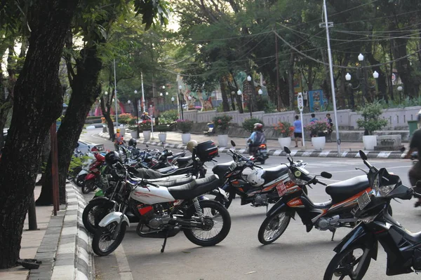 Rzędy Motocykli Zaparkowanych Poboczu Drogi Naprzeciwko Jest Park — Zdjęcie stockowe