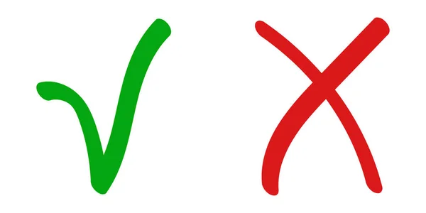 Rött kryss x fel tecken avvisas och grön markering kryssa för ikon godkännande bekräftelse, hand dras — Stock vektor