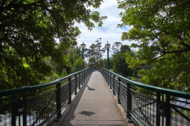 Yeşil ağaçlarla çevrili bir şehir parkında fenerlerle dolu bir köprü.