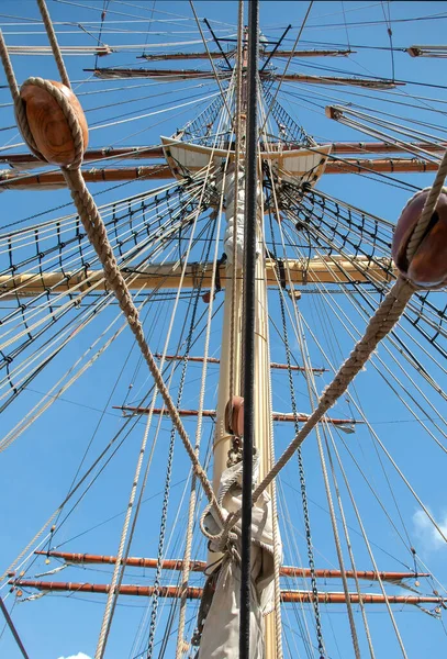 Ropes and the mast to control the sails, details of the device of the yacht, sailing ship equipment against the blue sky, vertical view