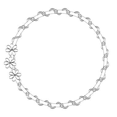 Soyut el çizimi kurdele ve çiçeklerle yuvarlak çerçeve tasarımı. Davetiye, tebrik, selamlama, anons mesajı için boş alan ile dekore edilmiş çerçeve. Contour monokrom deseni. eps 1