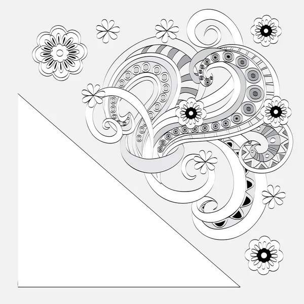 余白と抽象的な手描きの形や花を持つ三角形のフレームデザイン 招待状 挨拶や訪問カードのためのテンプレート 輪郭のモノクロパターン 第一話 — ストック写真