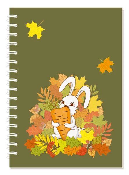 Colorful Cover Design Cartoon Cute Bunny Keeping Carrot Autumn Foliage — Stock vektor