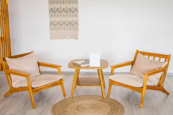 Modern Scandinavian Home Interior Mock Photo Frame Design Wooden Commode — Stock Photo, Image