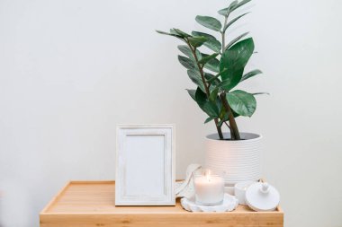Ahşap masada beyaz portre çerçevesi modeli. Zamiokulka ve saksıda sulu şeyler. Beyaz duvar arka planı. İskandinav iç mimarisi. Dikey. - Evet. Yüksek kalite fotoğraf