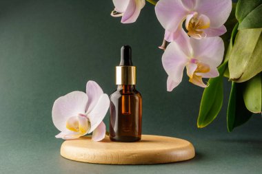 Spa aromatik yağlar ve çiçek orkidesi, yeşil arka planda falenopsis. Yüksek kalite fotoğraf