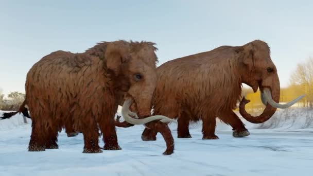 Animación Una Manada Mamuts Lanudos Reunidos Lago Congelado Durante Edad — Vídeos de Stock