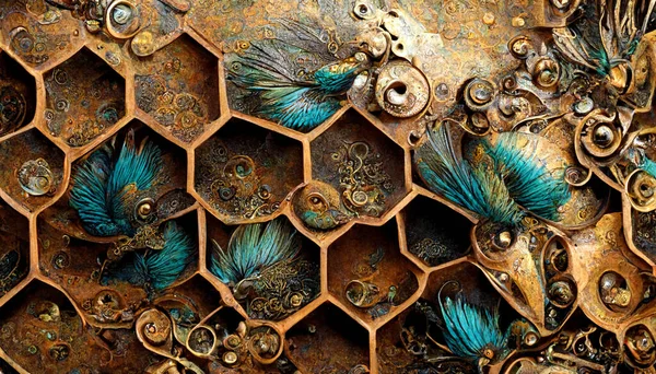 A background illustration composed of a Honeycomb pattern made of iron, copper and peacock feathers