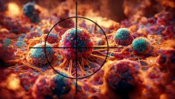 Μια Τρισδιάστατη Απεικόνιση Που Απεικονίζει Καρκινικά Κύτταρα Στο Στόχαστρο Που Φωτογραφία Αρχείου