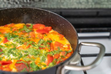 Kızarmış yumurta, sebzeli ve siyah tavada otlu beyaz soba. Yan görünüm