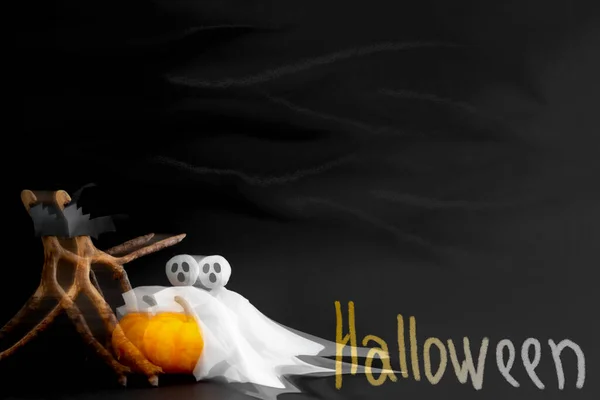 Calabaza Fantasma Murciélagos Inscripción Halloween Sobre Fondo Negro Con Efecto — Foto de Stock