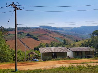 Tayland 'ın Phitsanulok eyaleti Phu Hin Rong Kla tepelerinde Hmong etnik grubunun bir köyü olan Ban Rong Kla' nın geniş tarlaları.