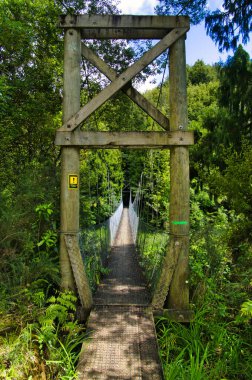 Karangahake 'deki Ohinemuri Nehri üzerinde yürüyenler için ahşap asma köprü, Coromandel Sıradağları, Kuzey Adası, Yeni Zelanda