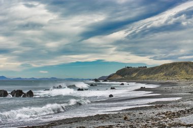 Fırtınalı bir günde Baring Head 'in kayalık siyah kumlu plajı. Doğu Liman Bölgesel Parkı, Büyük Wellington, Yeni Zelanda