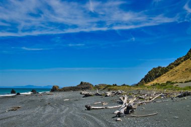 Kara kumsallı, dalgalı bir sahil. Baring Head, Doğu Liman Bölgesel Parkı, Büyük Wellington, Yeni Zelanda
