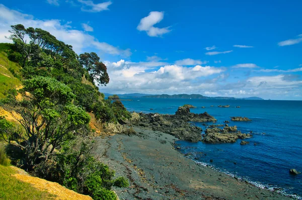 ニュージーランドの北島の東海岸にあるミムワンガタ半島の海岸にある黒い砂浜と火山岩 遠くにブレット岬の海岸 — ストック写真