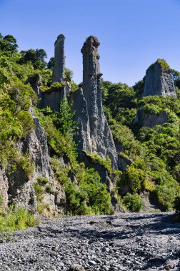 Putangirua Pinnacles, aşınmış çakıl kuleleri, Aorangi Orman Parkı, Büyük Wellington, Kuzey Adası, Yeni Zelanda