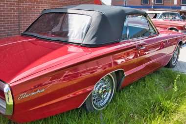 Uithuizen, Groningen, Hollanda 'da klasik bir araba fuarında üstü açık klasik kırmızı Ford Thunderbird..