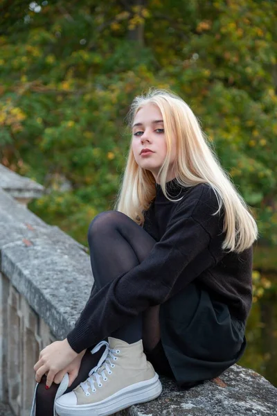 Girl Posing Autumn Park River Trees Stock Photo