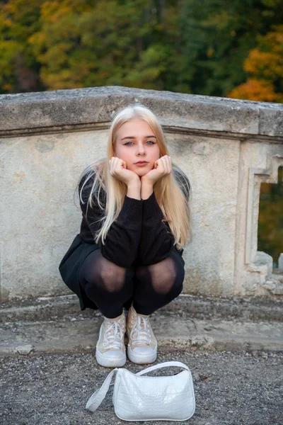 Girl Posing Autumn Park River Trees Royalty Free Stock Photos