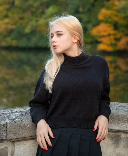 Girl Posing Autumn Park River Trees Stock Photo