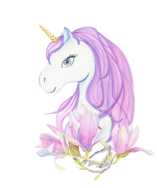 Un unicornio en un árbol de magnolia. Ilustración de niños. Impresión para ropa. Bonita postal. — Foto de Stock