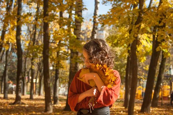 Uma menina com um buquê de folhas de outono no parque — Fotografia de Stock