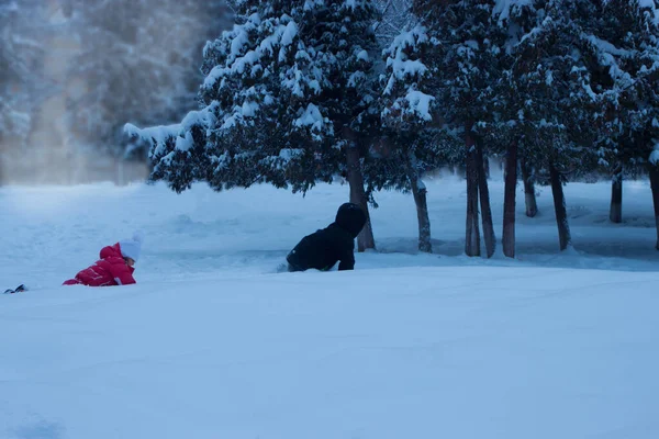 Çocuklar Birbiri Ardına Karda Sürünüyorlar Çocuklar Kışın Dışarıda Oynarlar Açık — Stok fotoğraf