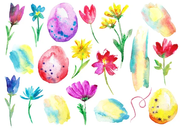 Prvky Akvarelu Velikonočními Vejci Barevným Pozadím Květy Louky Šablona Pro — Stock fotografie